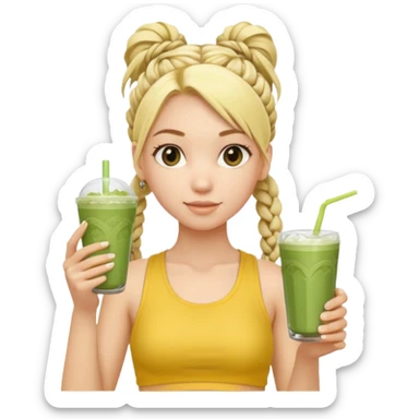 blondy girl with boho braids ponytail wearing in yellow butter gym set holding a matcha drink with ice sticker