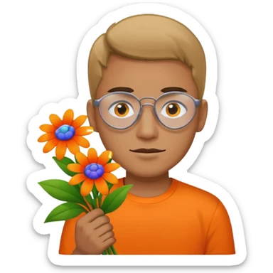 Man with bright orange shirt shirt carrying a bunch of flowers with a patch over his right eye sticker