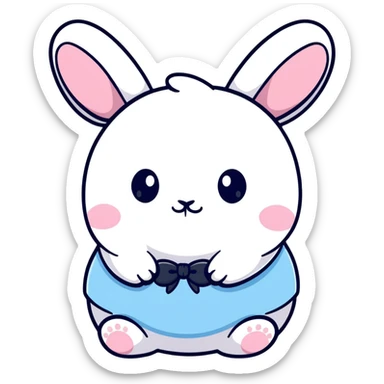 A chubby bunny character in exact Sanrio style like Kuromi and Cinnamoroll, ultra cute, super simplified kawaii design, oversized head on tiny body, rosy cheeks, small dot eyes, simple bow, pastel pink and soft blue colors, pure white face, thick black outline sticker