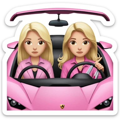 Make car far away so I can see full car Car facing forward in pink sports car. Make hair long are not smiling but very pretty. One girl is blonde, one girl is brunette. Front of car sitting in the seats. Make it a pink sports car. They are two baddies make it a Lamborghini pink car  sticker