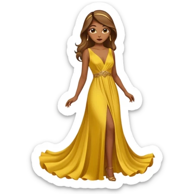 Woman using a long elegant yellow dress. She has medium skin tone and a brown with gold makeup sticker