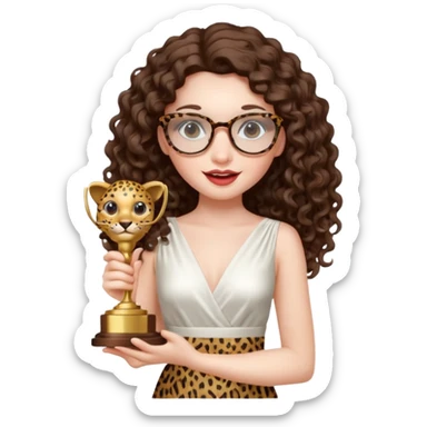 A girl with white pale skin,  full lips, brunette LONG curly hair. She is wearing a white  silk dress. She is holding an award and happy. She has a leopard print round-ish shaped glasses.  sticker