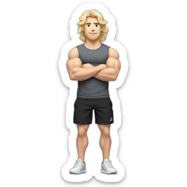 Full height Pale skinned fit man With biceps and blonde Tousled hair In dark gray sleeveless mike, black oversize sports shorts, watch and white sneakers. his arms crossed over his chest sticker