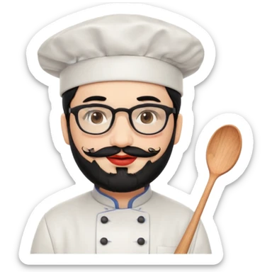 CHEF CON PIEL BLANCA, GORRO DE CHEF, PELO NEGRO Y BARBA NEGRA, OJOS MARRON OSCURO Y GAFAS DE PASTA NEGRAS. SONRIE Y TIENE MARCAS DE BESOS CON FORMA DE LABIOS EN LAS MEJILLAS (COMO MANCHAS DE PINTALABIOS) sticker