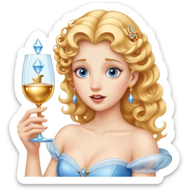 Cinematic Funny Cinderella Portrait Emoji, Stunned expression as she holds a glass slipper much too big, one eyebrow raised, golden curls slightly messy, a mix of royal grace and unexpected humor, capturing a lighthearted twist on her fairy tale moment! sticker