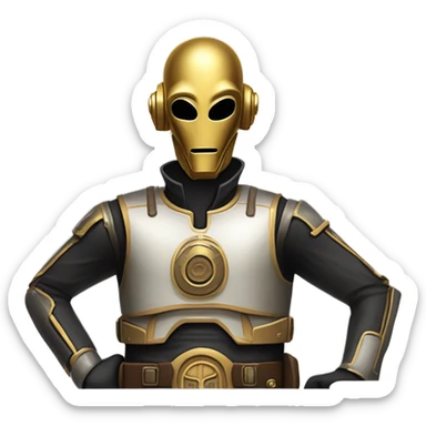 battle rough and tough bounty hunter c3Po wearing Satan’s leather outfit with guns and flat-brimmed hat on head. walking happy sticker