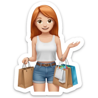 Mujer joven blanca de contextura media sonriendo con ojos chinos con cabello largo cobrizo vestida con top blanco y short de jean con bolsas de compras de ropa sticker