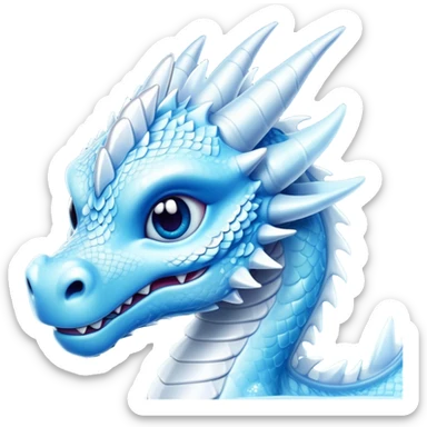 Cinematic Cute Beautiful Ice Dragon Portrait Emoji, Head tilted playfully and inquisitively, featuring a sleek, glacial form with intricately detailed, frost-kissed scales in shimmering blues and sparkling silver, accented by delicate ice crystal patterns and a gentle, enchanting glow; rendered with lifelike clarity and soft, natural light, high shine, charming and cool, styled with a touch of wintry fantasy, soft glowing outline, capturing the essence of a mischievous yet endearing ice guardian poised to twirl playfully into your dreams! sticker