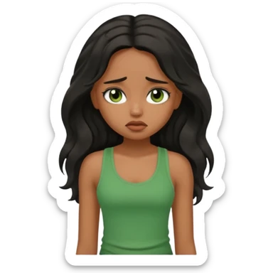 a pretty bratz brown girl with long wavy black color hair, brown eyes and green tank who is depressed and sad sticker