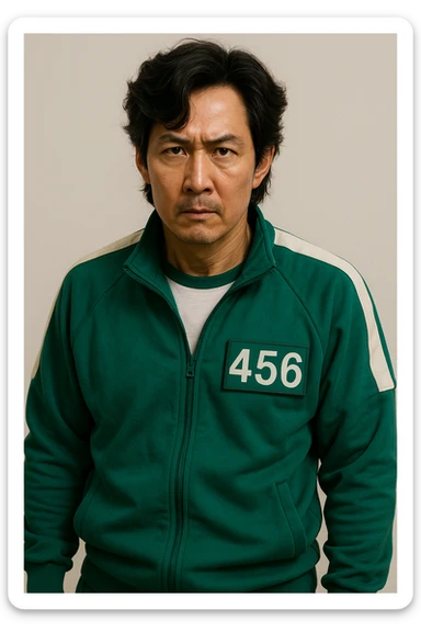 Seong Gi-hun as Player 456 from Squid Game 3, wearing the iconic green tracksuit, looking determined, plain background sticker
