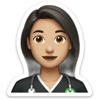 girl with middle part and long dark brown hair in black scrubs sticker