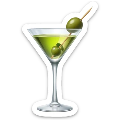 martini glass with completely colorless transparent liquid like pure water, with a green olive at the bottom skewered by a toothpick sticker