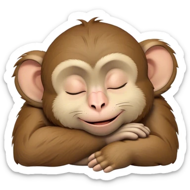 Meme-Worthy cute Sleeping Macaque Portrait Emoji, Head resting peacefully with a contented smile, showcasing soft, downy fur and eyes gently closed in serene slumber, Simplified yet comically adorable features, highly detailed, glowing with a soft, drowsy glow, high shine, relaxed and utterly lovable, stylized with an air of playful laziness, bright and heartwarming, soft glowing outline, capturing the essence of a sleeping macaque that feels destined to become the next viral icon of adorable rest! sticker