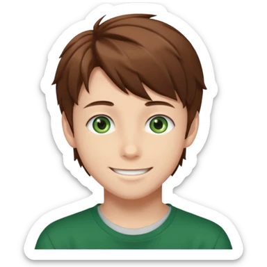 the face of an Anime teen boy with brown hair, green eyes, looking smiling slightly sideways positioned. Face must be main filling of the emoji.  128px sticker