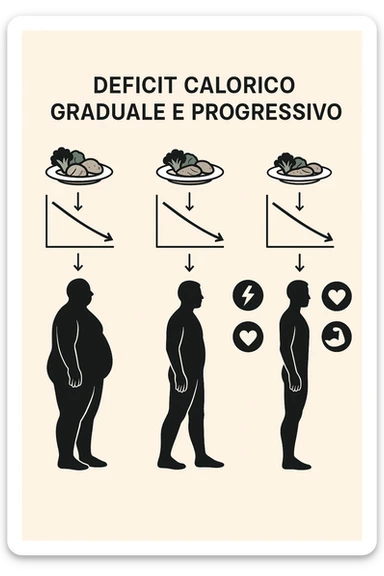 una sequenza di tre sagome umane affiancate, ognuna rappresenta una fase diversa di perdita di peso graduale. Sopra ogni figura, un piatto mostra porzioni di cibo bilanciate ma leggermente ridotte. Frecce e grafici illustrano una diminuzione lenta e costante dell’apporto calorico giornaliero, con icone che rappresentano energia, salute e mantenimento della massa muscolare. Sfondo pulito e moderno, con etichette chiare che spiegano “deficit calorico graduale e progressivo” in italiano sticker