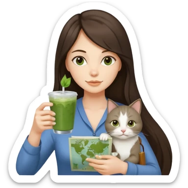 a brunette woman with long hair in here 30S drinking an iced matcha, carrying a grey cat and a map of the world sticker