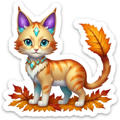 This fascinating hybrid creature combines the crystalline structure of a feline with the warm autumn foliage of a leaf being. Its core body maintains the sleek shape of a cat but is composed of translucent crystals that shift between turquoise blue and amber-orange hues. The creature's face features a blend of feline features with the gentle expression of the leaf being – sharp crystalline ears frame a round, friendly face with glowing purple-amber eyes. Most striking is how autumn leaves emerge from its crystalline body, forming a mane-like collar around its neck and sprouting along its spine and tail. These leaves shimmer with both crystalline properties and natural autumn colors – orange, gold, and deep red – with visible veining that occasionally pulses with energy. When the creature moves, the leaves rustle softly while the crystal body catches light, creating a mesmerizing display of nature and gemstone elements. full body sticker