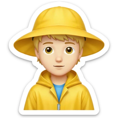 A beautiful boy, Caucasian, he wore a yellow raincoat and a hat sticker