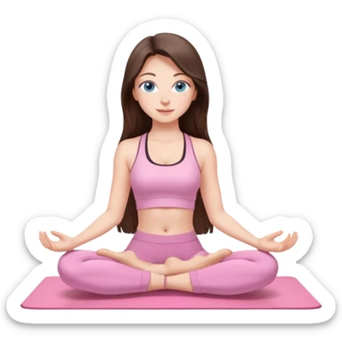 Brunette long hair and blue blue eyes yoga beautiful girl in light pink pink pink clothes sitting on a yoga mat sticker