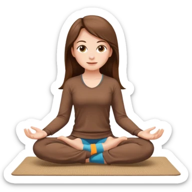 Brown long hair, white skin European girl sitting on a beige rug doing yoga, brown clothes sticker
