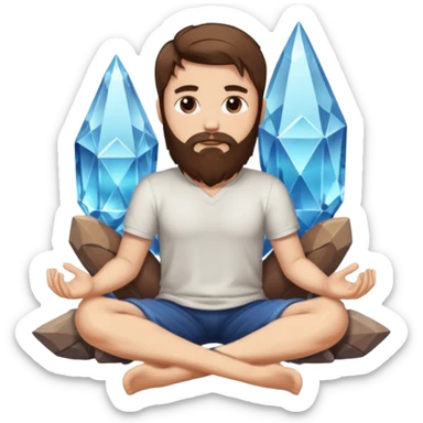 full body man long brown hair brown eyes medium beard white skin sitting cross-legged growing crystals from ground sticker