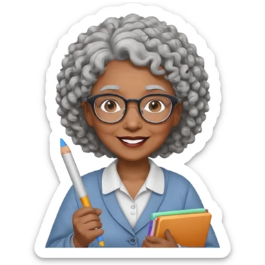 old woman teacher, brown skin, curly grey white hai, wearing glasses, hold chalk on hand sticker
