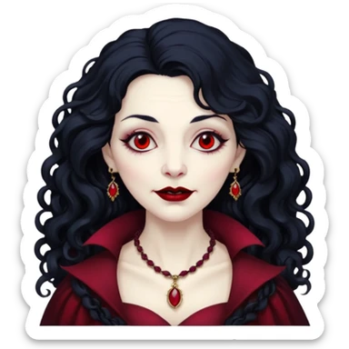 old Vampire lady Pale queen with ruby necklace, curly black long hair sticker