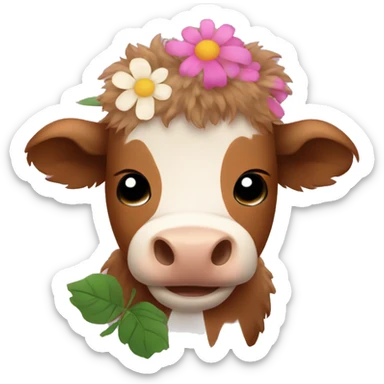 brown fluffy baby scottish cow with flowers sticker