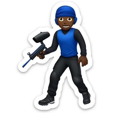 Brown skin paintball player wearing a black head band, dark blue long sleeve jersey, black pants, and running with a paintball gun in hand  sticker