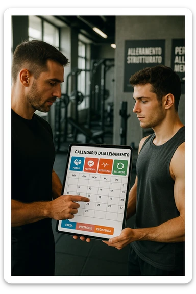 realistic cinematic photo a personal trainer and a client stand in a modern gym, reviewing a large, color-coded training calendario or chart on a tablet. The calendario shows different phases (Forza, Ipertrofia, Resistenza, Recupero) with icons and dates. Around them, gym equipment and motivational posters reinforce the idea of structured, periodized training. in italiano sticker