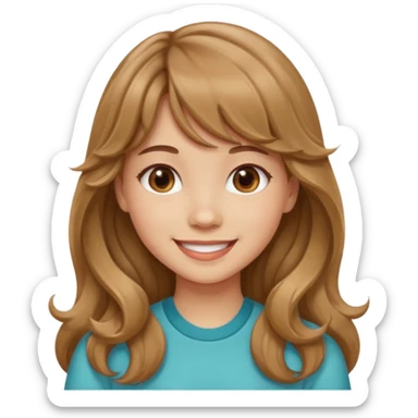 Please generate a portrait of a pretty girl with long, wavy, light brown hair and bangs, she's smiling. sticker