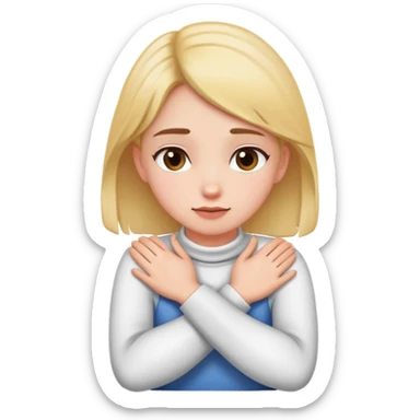 girl with her hands crossed grabbing onto her neck sticker