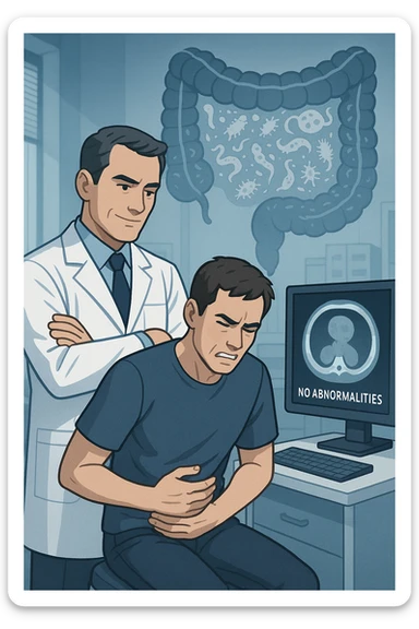Medico in camice bianco in uno studio moderno, mentre osserva una TAC o ecografia su uno schermo con espressione convinta. Accanto a lui, un paziente seduto che lamenta dolori intestinali. Sullo sfondo, un’immagine traslucida dell’intestino pieno di piccoli parassiti stilizzati (vermi, protozoi), non visibili nel monitor medico. Il monitor mostra 'nessuna anomalia', ma dietro c’è la realtà invisibile. Atmosfera clinica ma con contrasto simbolico tra 'ciò che si vede' e 'ciò che sfugge'. Colori freddi, luce ospedaliera sticker