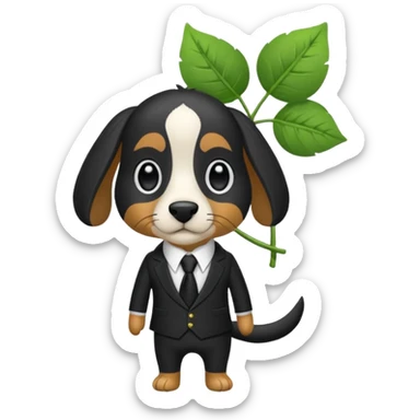 Un Springer allemand noir en costard-cravate et dans la petite poche du costard il y a un trèfle à quatre feuilles sticker