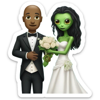 humman man in a tuxedo holding, Alien reprilian woman in wedding dress, and one , hands getting married sticker