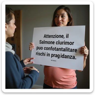 realistic pregnant woman in 4K showing a sign to a child and explaining: 'Attenzione, il consumo di salmone crudo puo comportare rischi in gravidanza' sticker