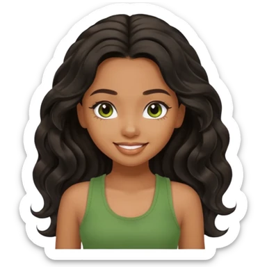 a pretty bratz brown girl with long wavy black color hair, brown eyes and green tank who is smiling sticker
