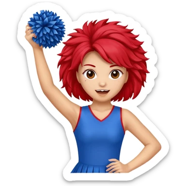 football cheerleader, holding a cheering pom, blue dress and red skin sticker