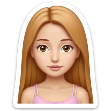 Beautiful girl emoji with long straight hair, middle part, hair color 7-77 luxurious honey (warm brown with golden undertone), light skin, big almond-shaped brown eyes, soft pink lips, natural makeup, white top with thin straps, calm and elegant expression. sticker