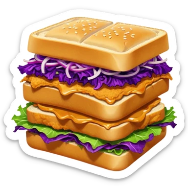 Burning hot, spicy,  stacked chicken sandwich — two thick golden toast slices, a crispy breaded chicken fillet, green lettuce, and purple cabbage slaw, with glossy dark sauce dripping down the sides. sticker