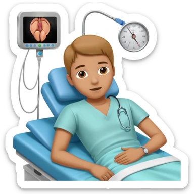 A patient lying on an examination bed in preparation for a colonoscopy procedure sticker