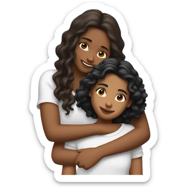 a brown skinned woman with long brown curly hair hugging a younger white skinned girl with mid length straight black hair sticker