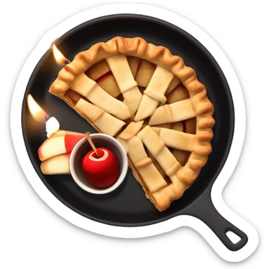 Slice of apple pie in a black pan on a checkered tablecloth with a birthday candle next to a martini sticker