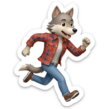 friendly anthropomorphised wolf in a plaid shirt and jeans running sticker