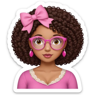 medium skinned afro-latina girl with medium length chocolate brown side part curly hair, brown eyes, pink sweetheart necklined top with lace, round wide-ish nose, chubby long shaped face, pink bow, brown glasses sticker