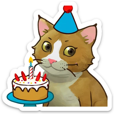 ginger tabby kitten with birthday hat and cake, surrounded by balloons and presents, joyful mood sticker