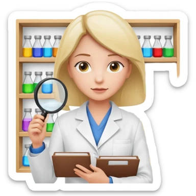 white empty shelf in perspective view with a standing woman nearby, she is looking at the shelfs with a magnifying glass, she is turned to the shelfs sticker