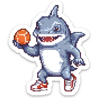 pixel art of a smiling shark wearing tennis shoes sticker