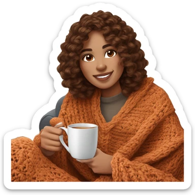 26 year old wonan with brown soft wavy hair and curtain bangs. She is crocheting a garment.  She is sitting on the sofa with a crochet blanket that is in the color of cinnamon on herself. Near her there is a cup of tea. It’s Christmas time sticker