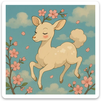 feminine adult vanilla cloud doe with rosy cheeks and cherry flowers, floating gracefully, Ghibli style sticker